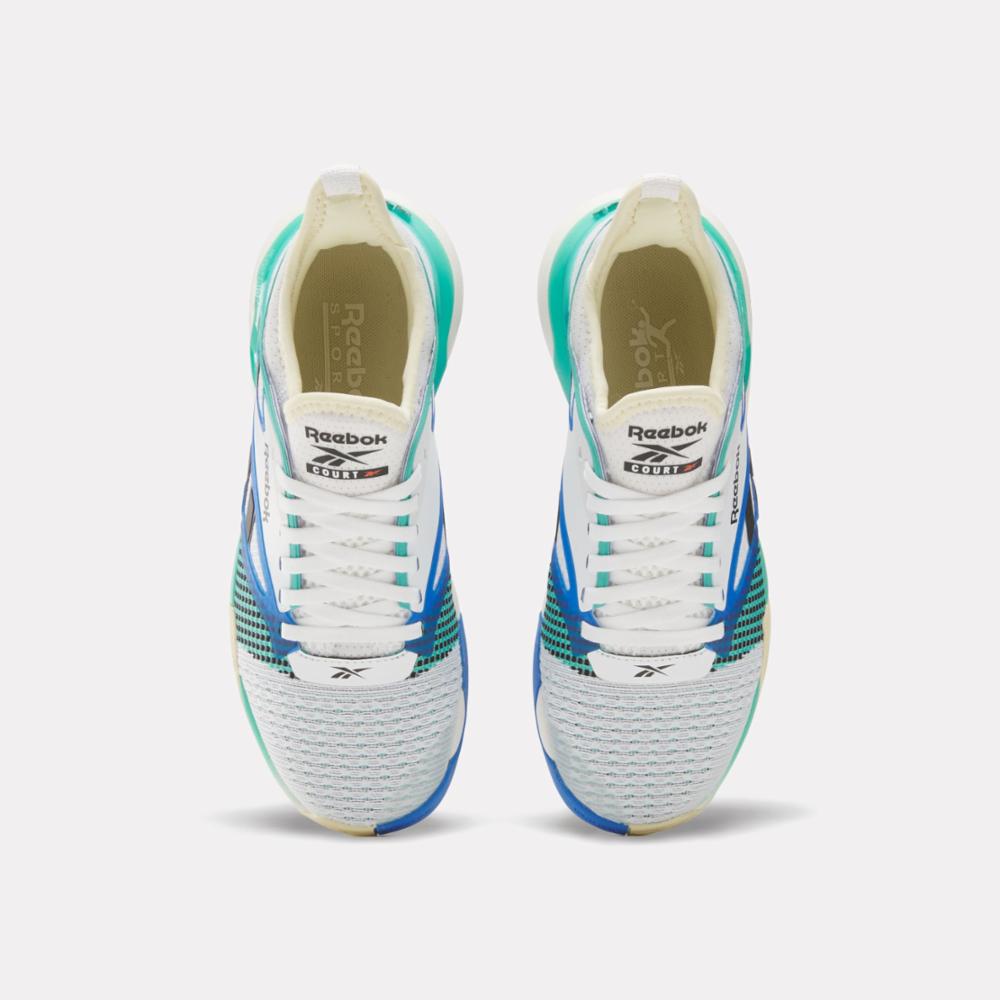 Top view of two identical running shoes with a white knit upper, blue and green stripes, white laces, and the text "Reebok" and "Floatride Energy Foam" visible on the tongue.