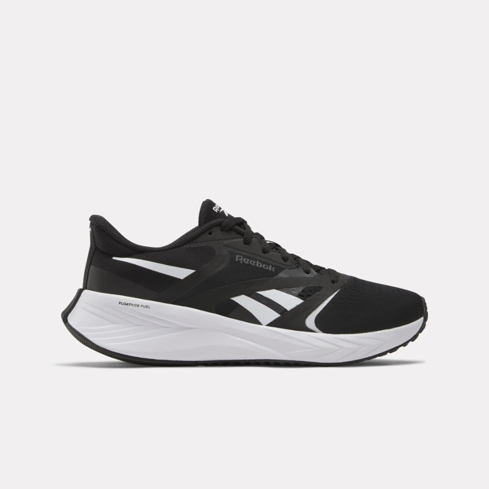Black running shoe with a white logo on the side.