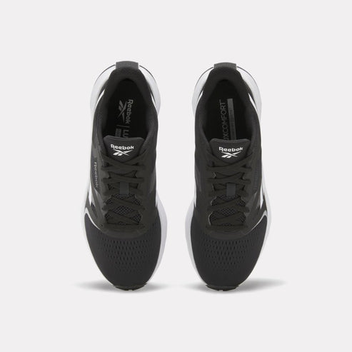 Pair of black running shoes with white accents, seen from above.