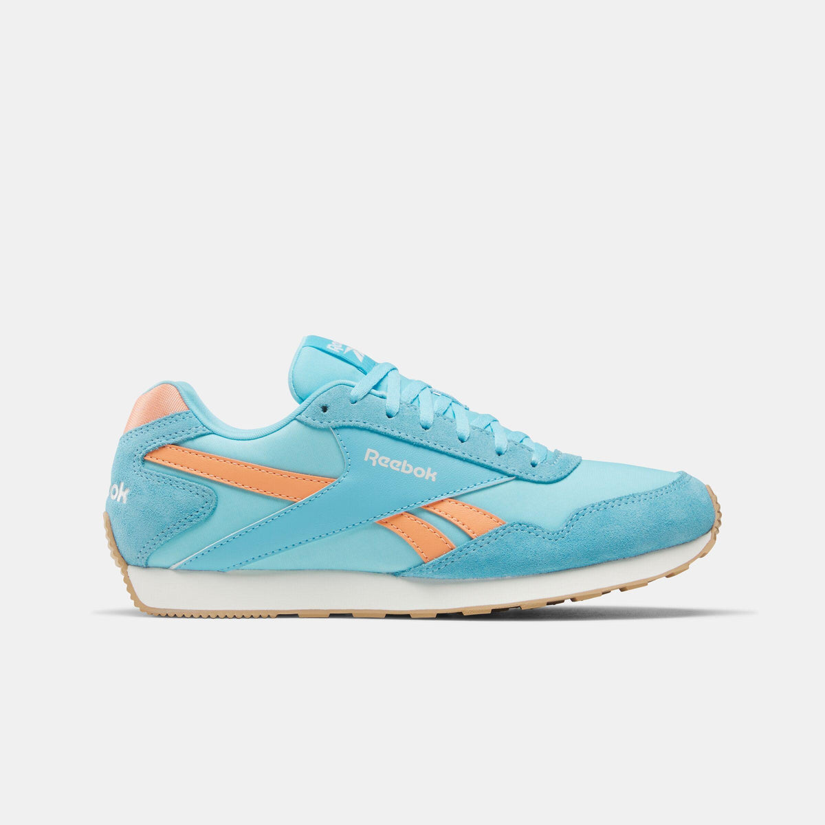 Light blue sneaker with orange accents and a white sole.