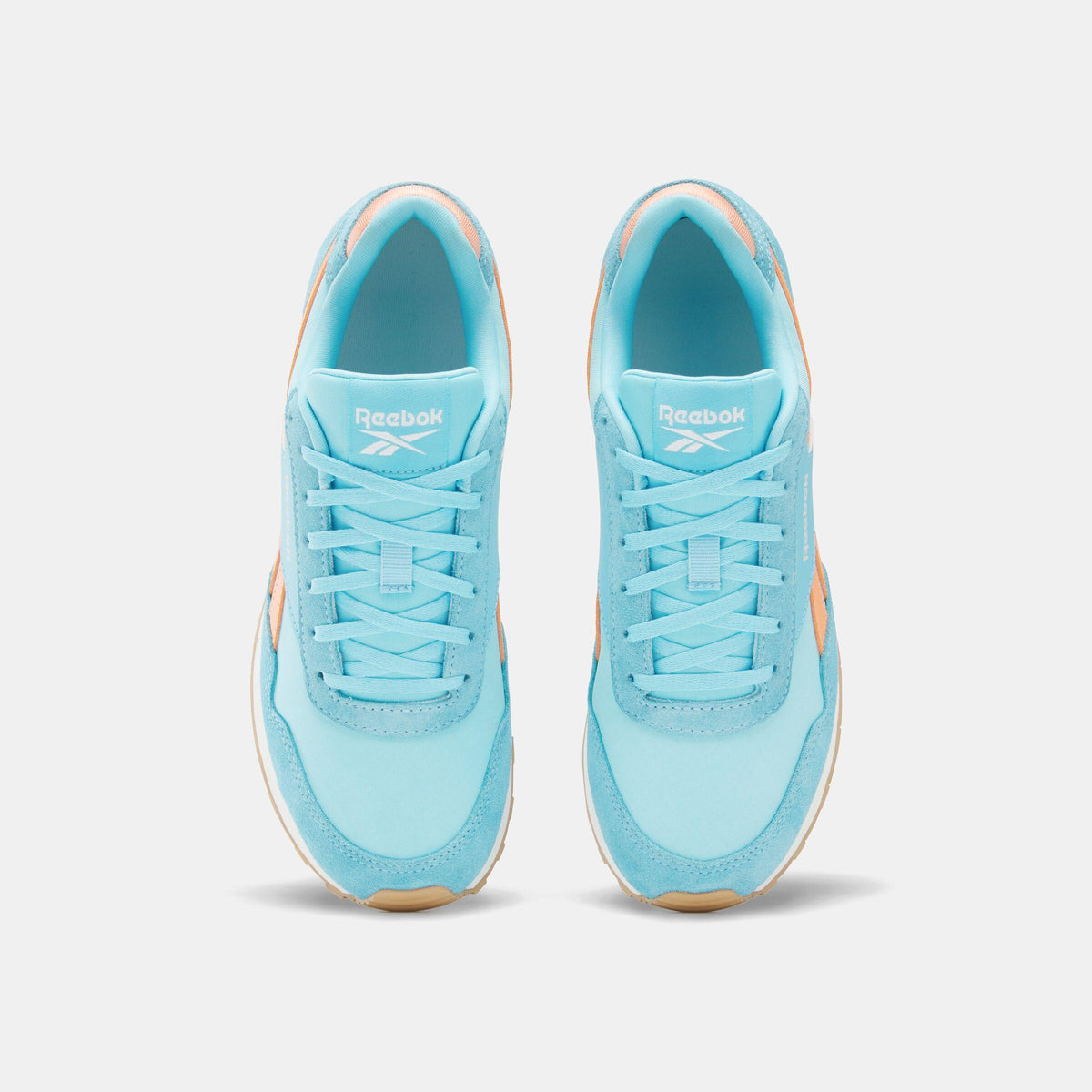 A pair of light blue running shoes with white logo.