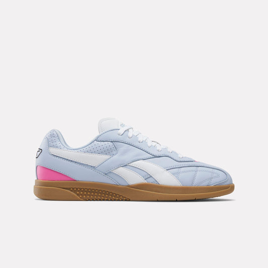 Light blue and white athletic shoe with pink accent on a brown sole.