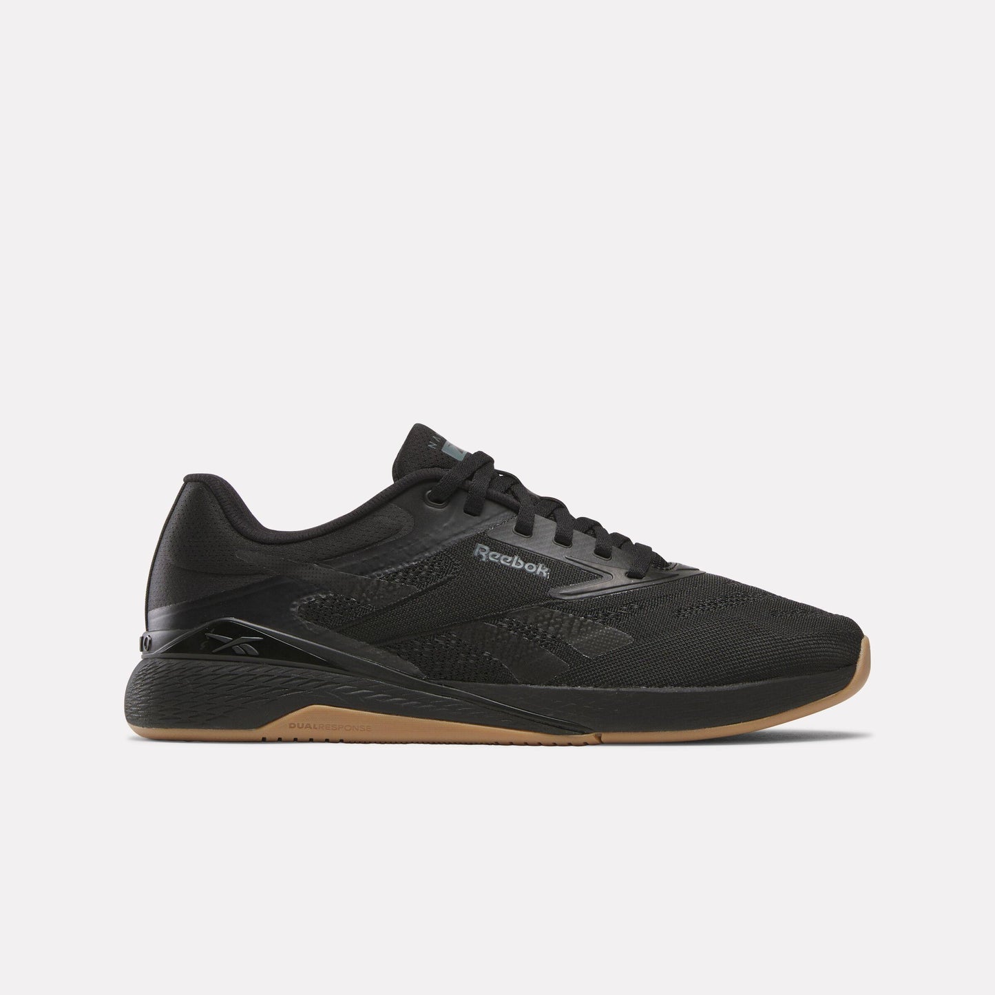 Black athletic shoe with a gum sole.