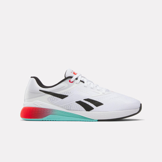 A white athletic shoe with black accents, featuring a gradient sole that transitions from red to turquoise.