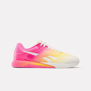 Pink and yellow gradient athletic shoe with white accents.