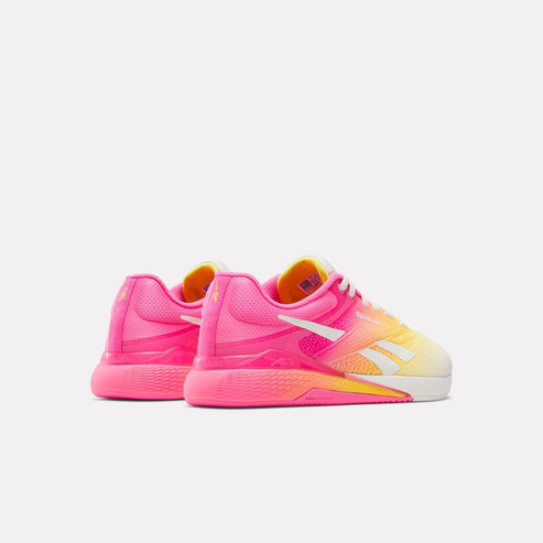 Pink, orange, and yellow gradient sneakers, white logos and soles.