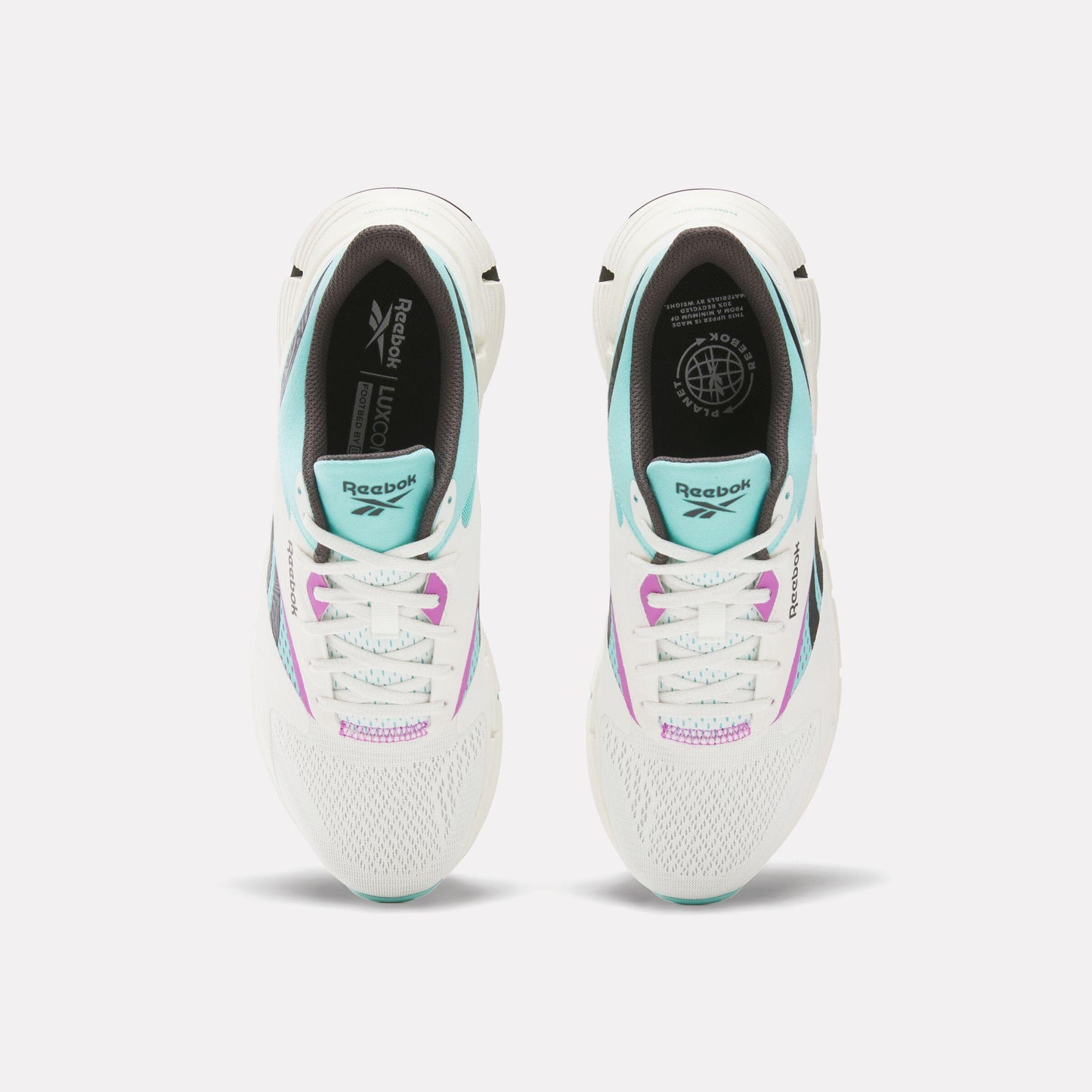 A pair of white running shoes with turquoise and purple accents, featuring a breathable mesh upper and a cushioned sole, seen from a top-down perspective.
