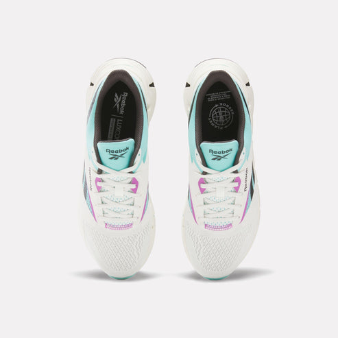 A pair of white running shoes with turquoise and purple accents, featuring a breathable mesh upper and a cushioned sole, seen from a top-down perspective.