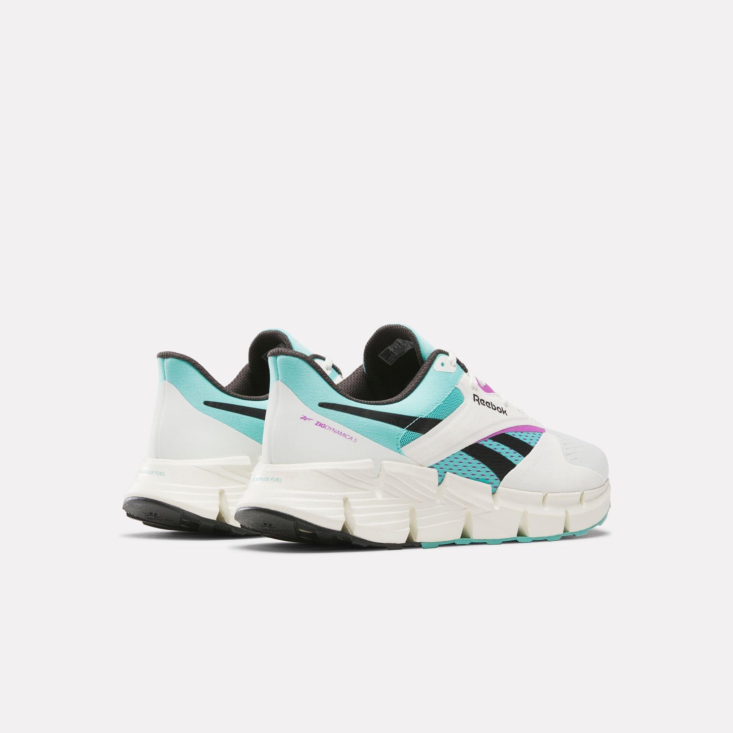 Pair of athletic shoes with a white and teal design and black accents.