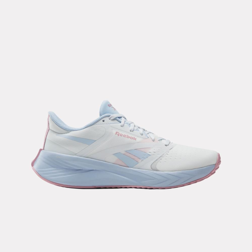 A white, blue, and pink athletic shoe.