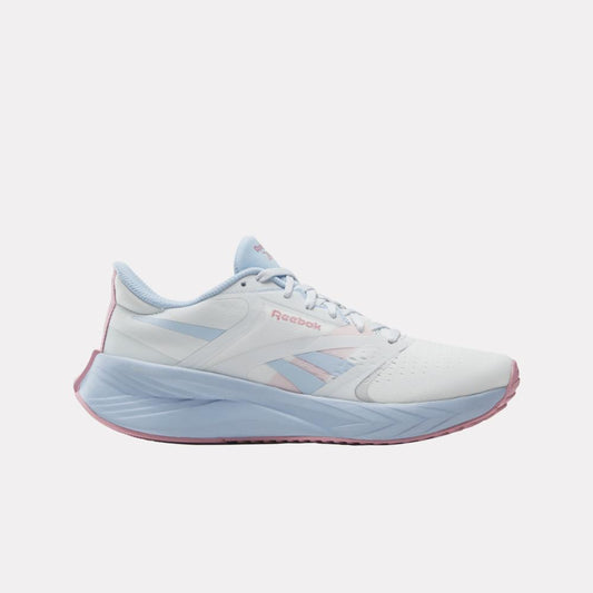A white, blue, and pink athletic shoe.