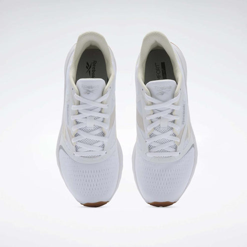 Two white athletic shoes with white laces, seen from above.