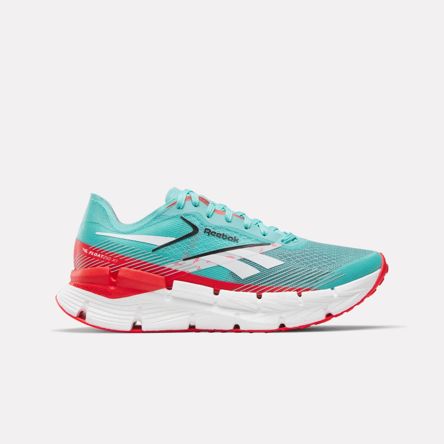 Teal running shoe with white sole and accents, and red detail.