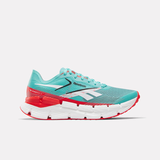 Teal running shoe with white sole and accents, and red detail.