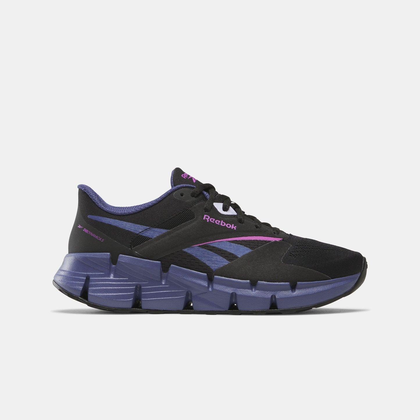 A black and purple running shoe.