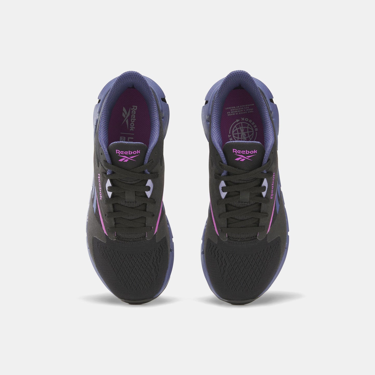 Overhead view of two identical black running shoes with purple accents, black laces and outsoles.