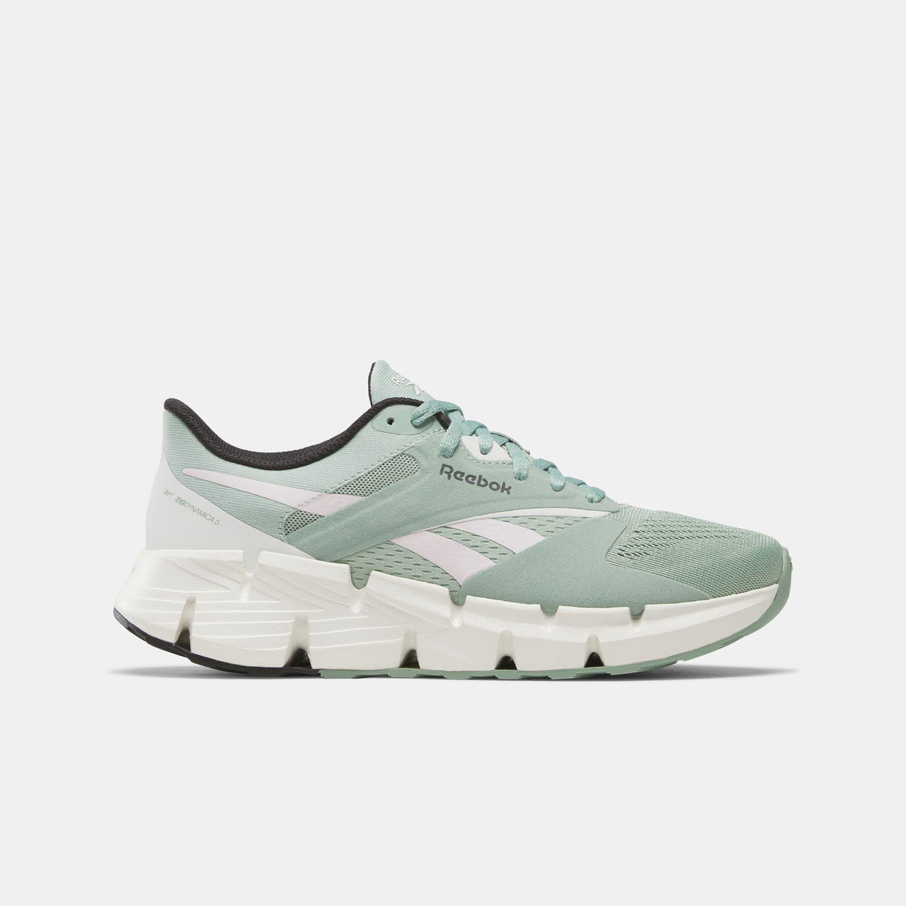 Light green running shoe with white accents and a black sole.