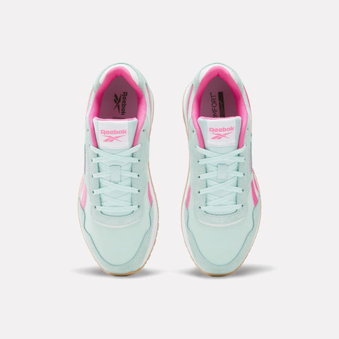 A pair of light blue sneakers with pink accents and white laces seen from above.