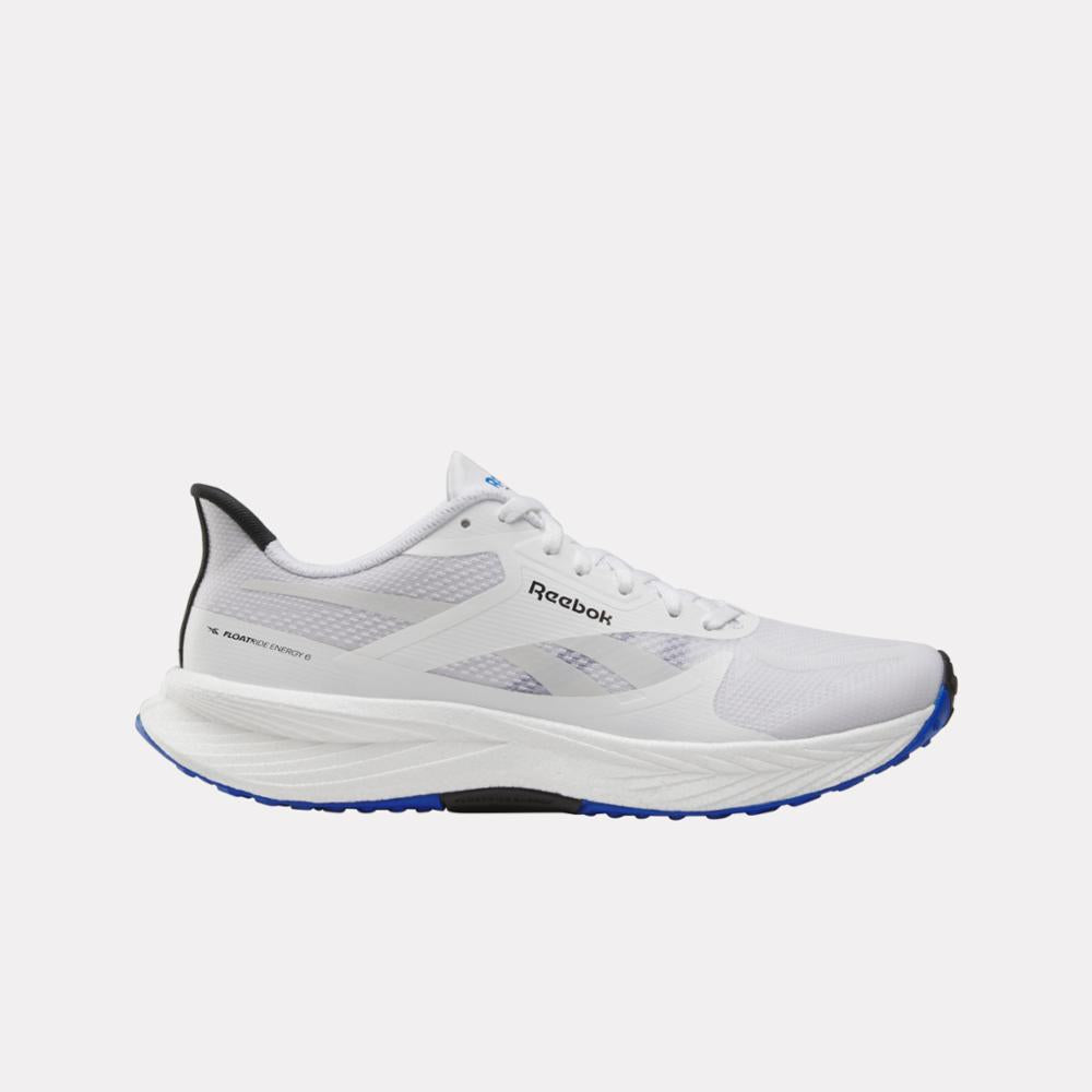 White running shoe with blue trim, black heel, and 'Reebok' logo.