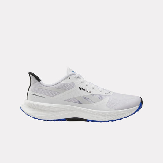 White running shoe with blue trim, black heel, and 'Reebok' logo.