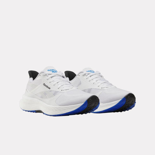Low-top sneakers with white laces, white uppers, black accents, and blue and black soles.