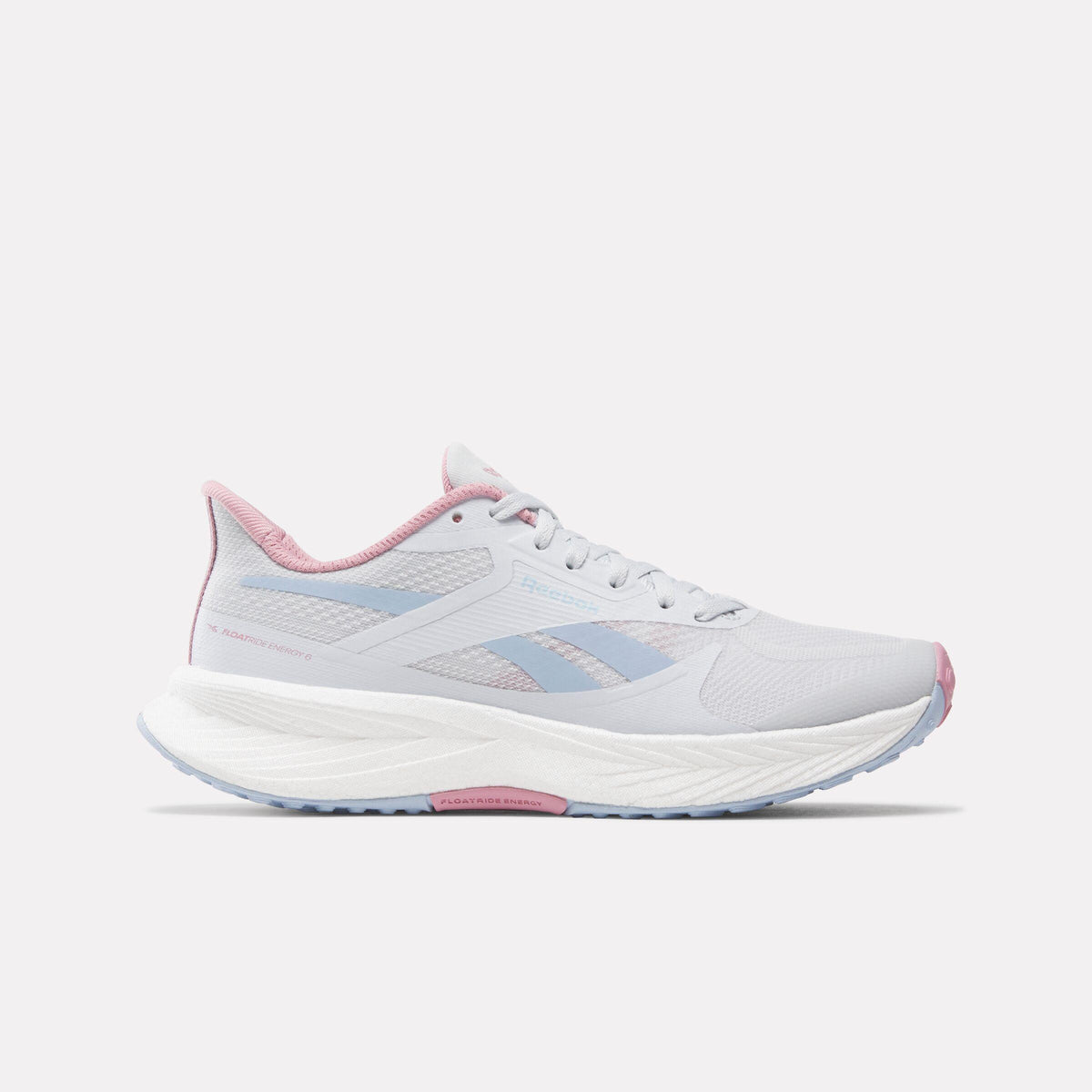 Running shoe, gray with blue side stripes and pink accents.