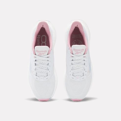 Top-down view of two identical white running shoes with white laces and pink lining.