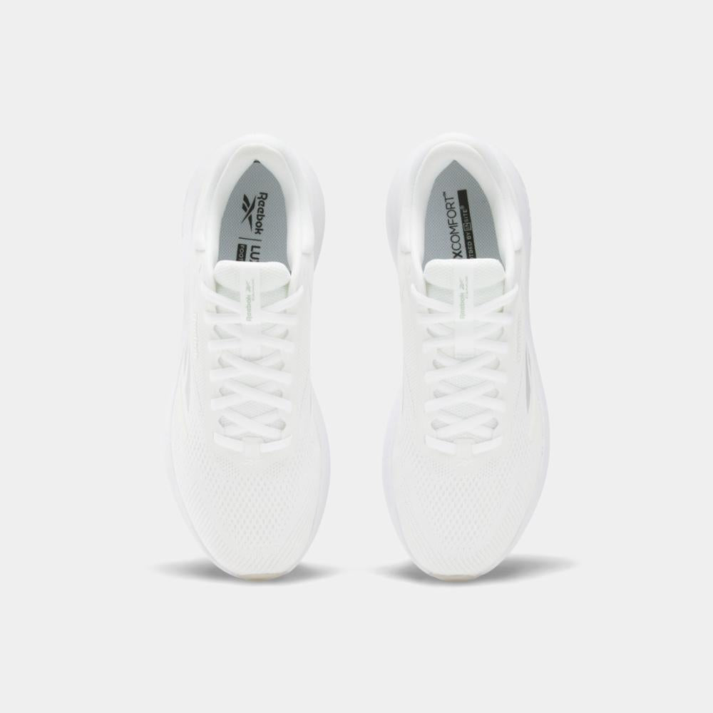 Pair of white athletic shoes, top view, with white laces.