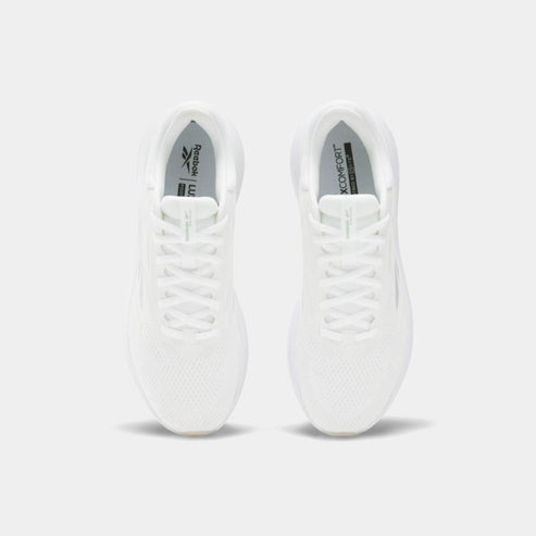 Pair of white athletic shoes, top view, with white laces.