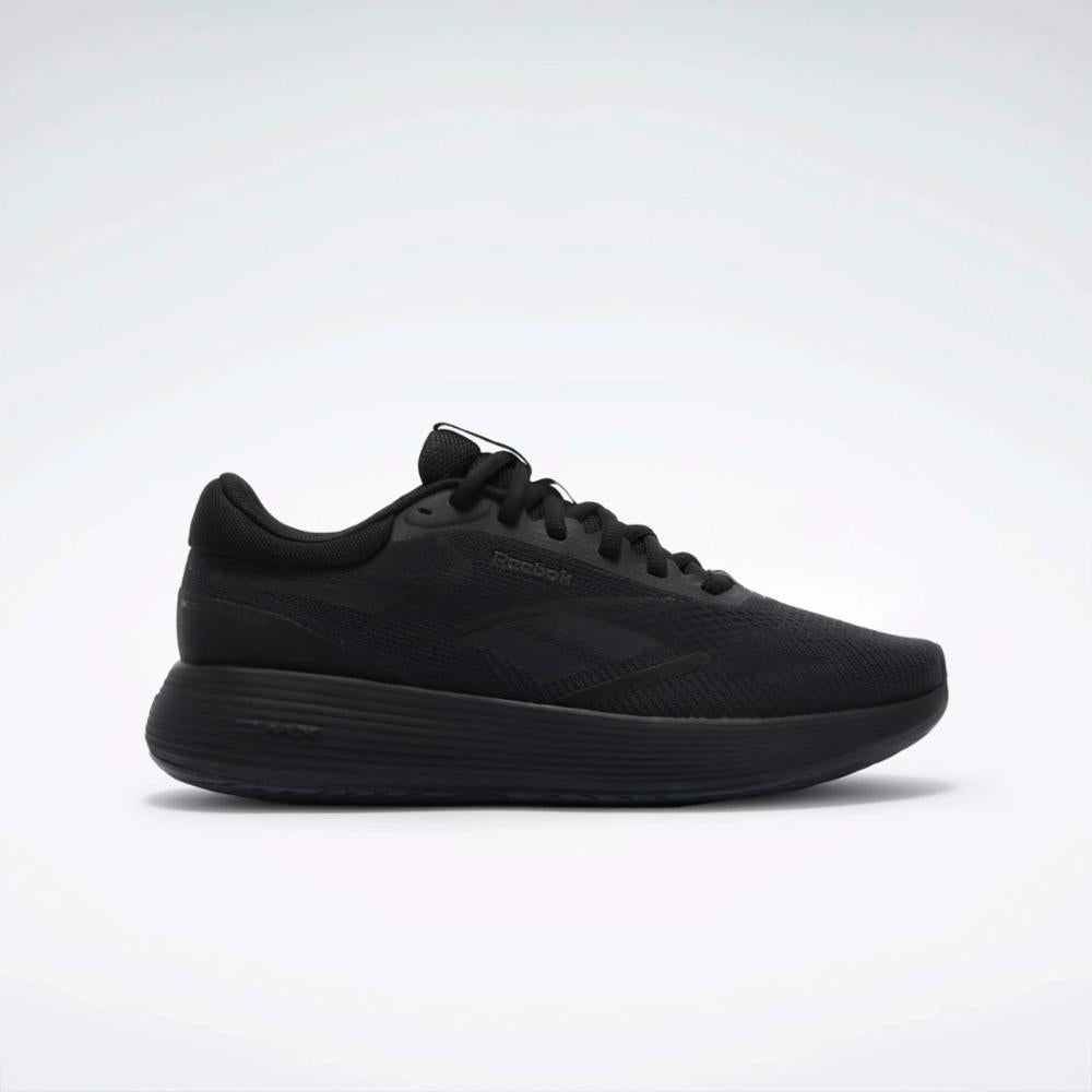 Black athletic shoe with a low profile and rounded toe.