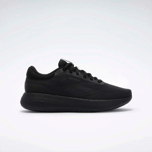 Black athletic shoe with a low profile and rounded toe.