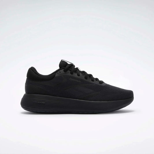 Black athletic shoe with a low profile and rounded toe.