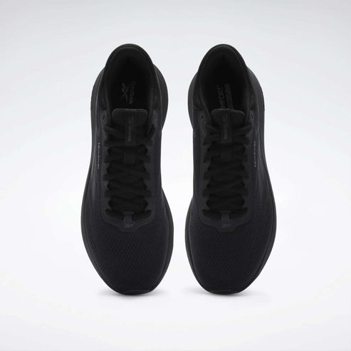 Top view of two identical black running shoes with black laces.