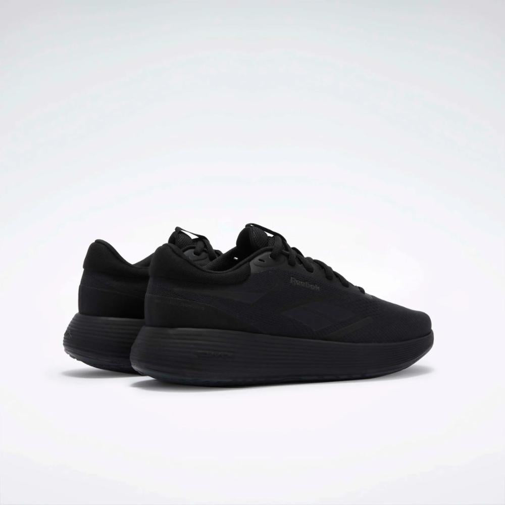 Pair of all-black athletic shoes with synthetic uppers and matching midsoles and outsoles.