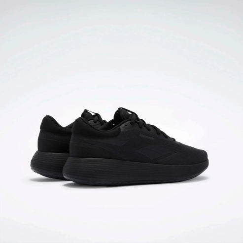 Pair of all-black athletic shoes with synthetic uppers and matching midsoles and outsoles.