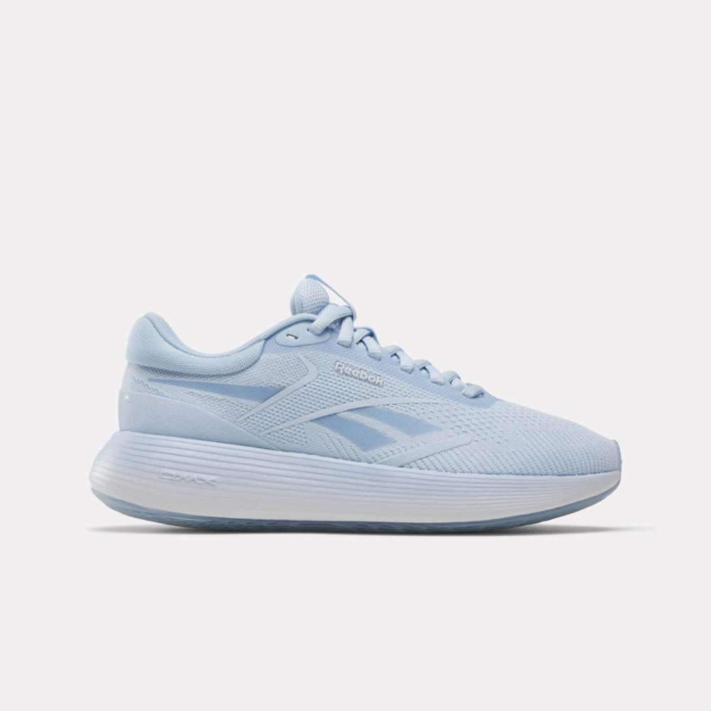 Light blue running shoe with a ribbed white sole and brand name text on the side.