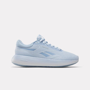 Light blue running shoe with a ribbed white sole and brand name text on the side.