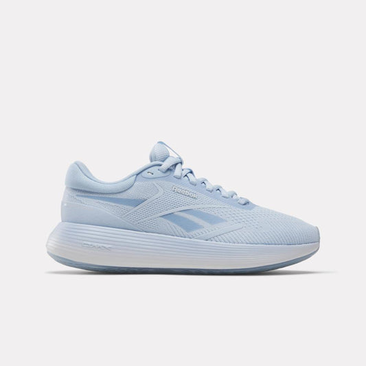 Light blue running shoe with a ribbed white sole and brand name text on the side.