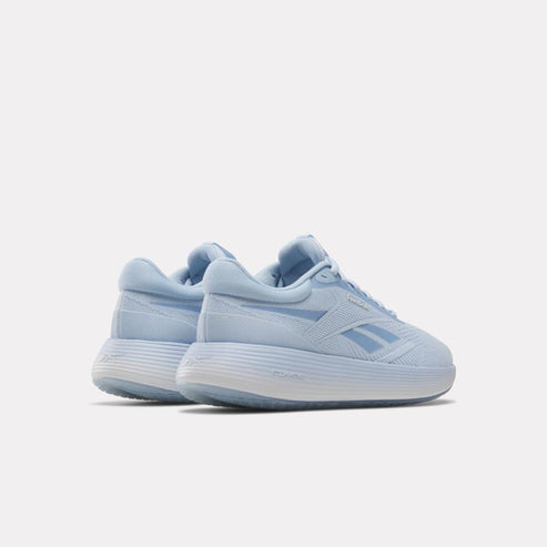 Light blue athletic shoes with layered soles, facing away from the viewer.