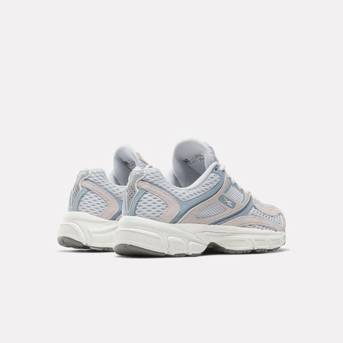 Pair of low-top athletic shoes featuring light grey mesh, white soles, and light blue accents.