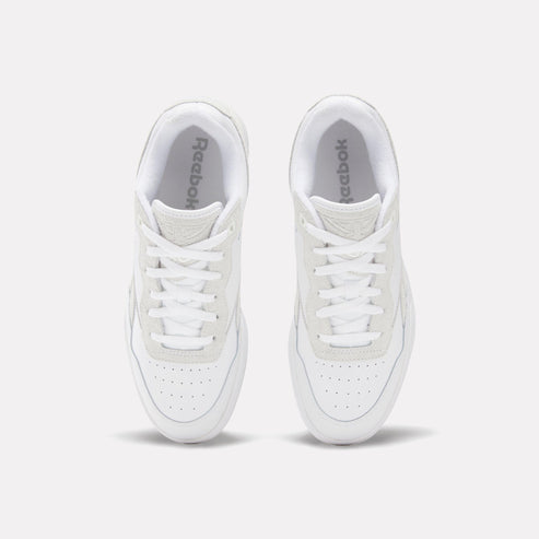 Overhead view of two white leather athletic shoes with white laces.