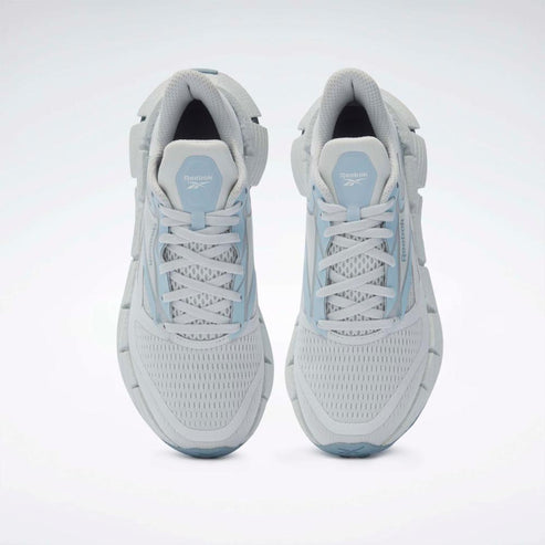 A pair of light blue and white running shoes, front view, with white laces.