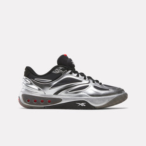 Low top basketball shoe with silver metallic detailing and black accents.