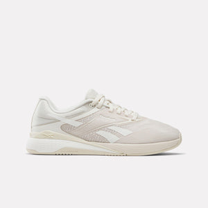 Off-white athletic shoe with white laces and white stripes on the side.
