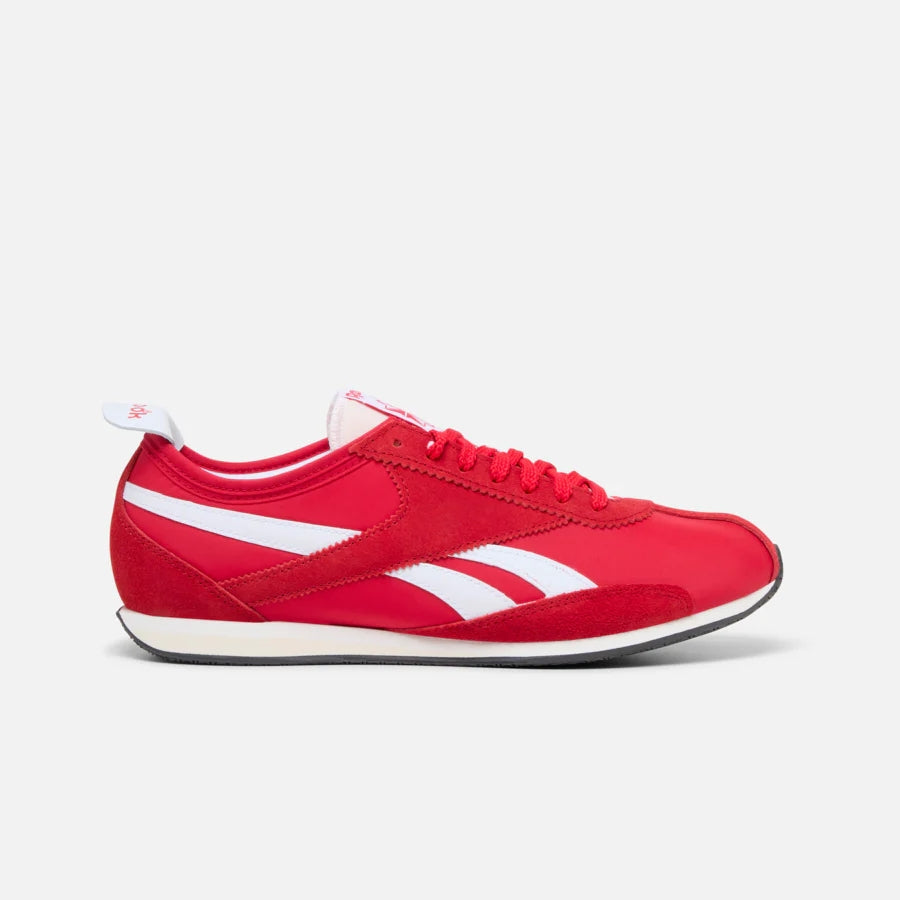 Red running shoe with white stripes and a black sole.