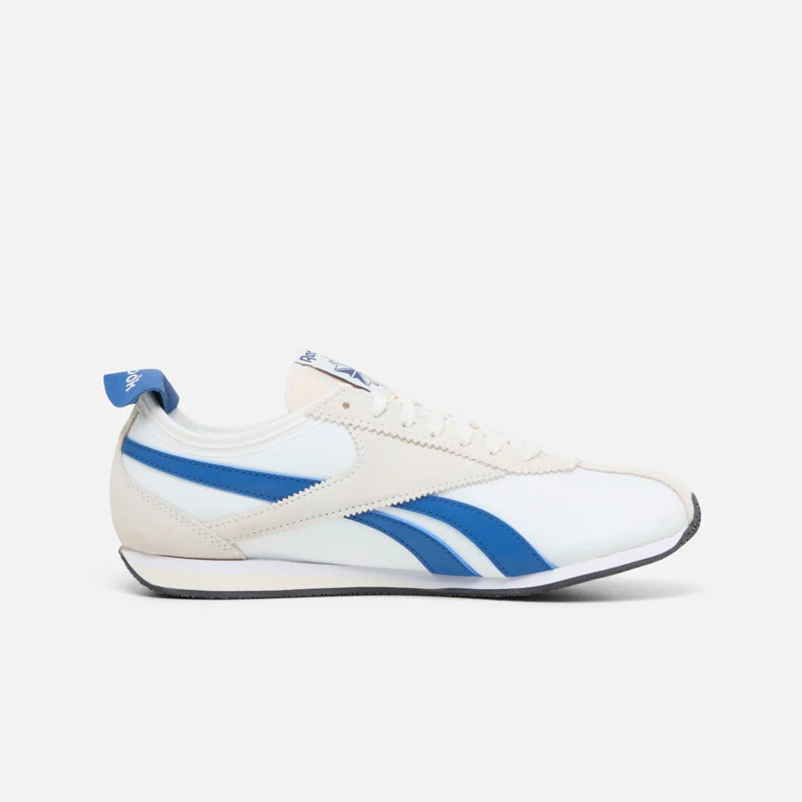 A low-profile white running shoe with a blue side stripe and a blue fabric heel pull tab.