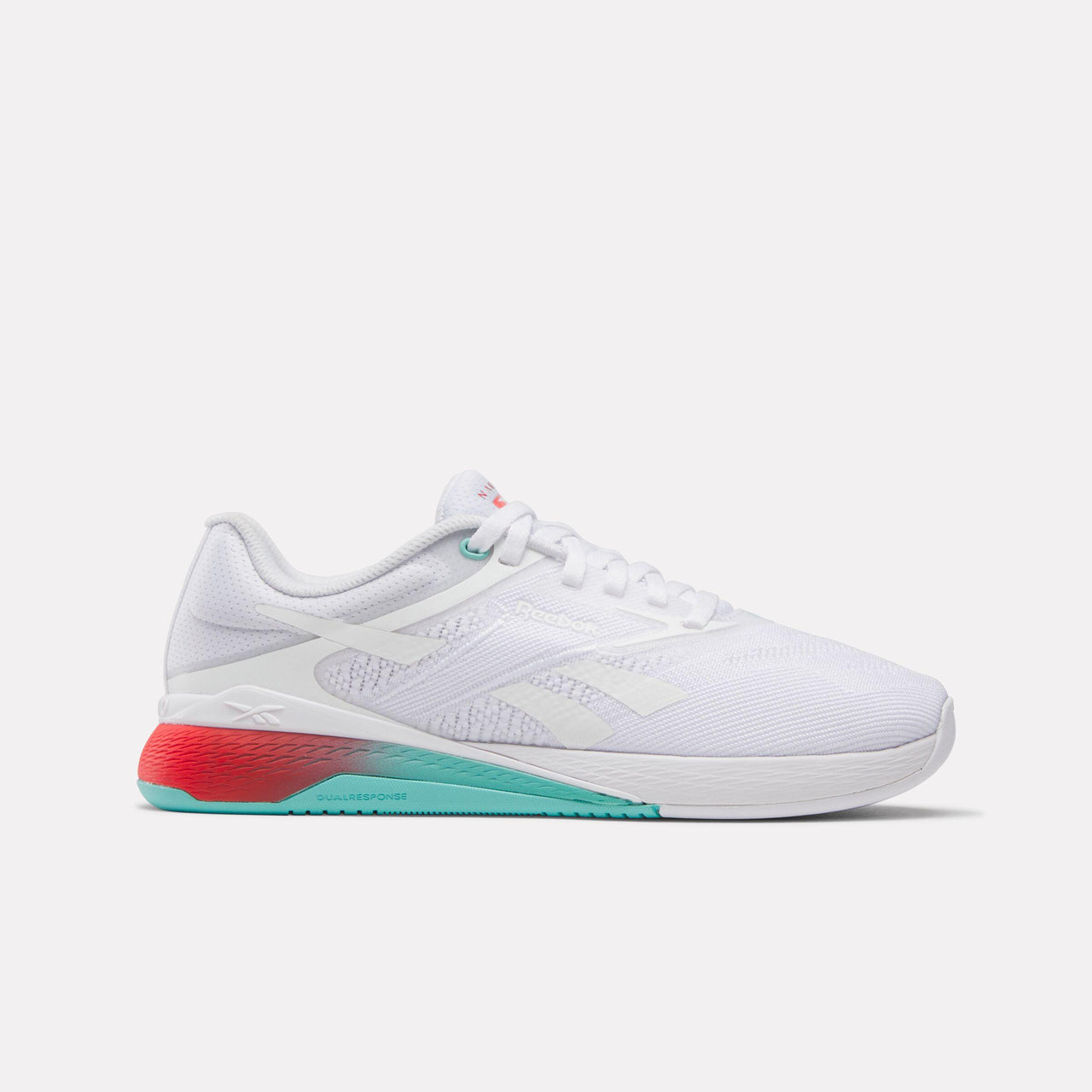 White athletic shoe with red and turquoise heel.