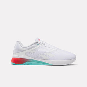 White athletic shoe with red and turquoise heel.
