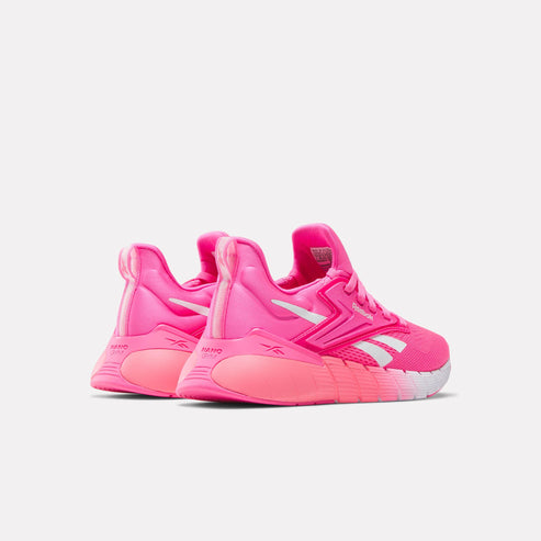 Pair of bright pink athletic shoes with white accents and gradient soles.