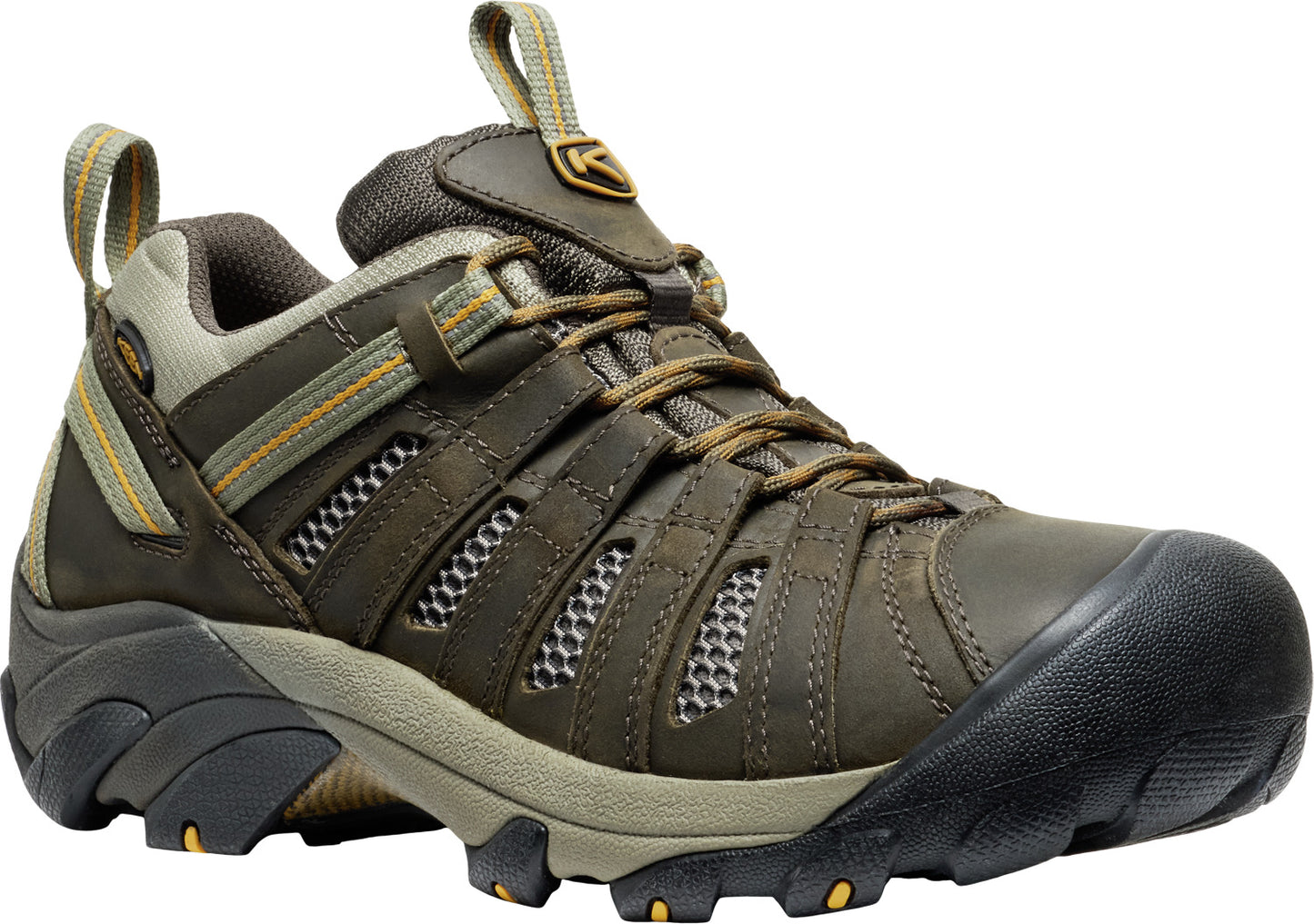 Brown leather hiking shoe with ventilation mesh, lace-up closure, and thick rubber sole.